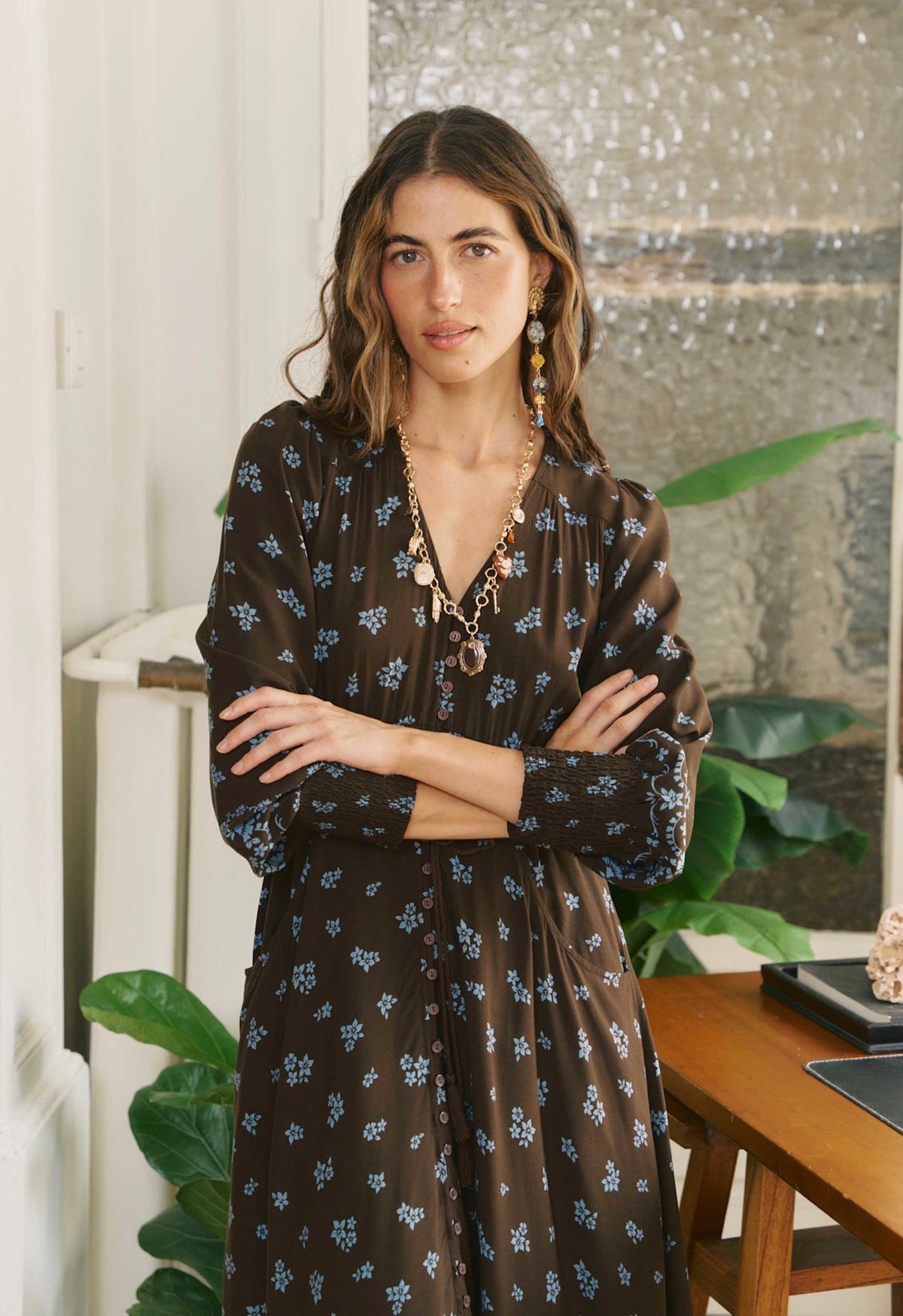 Jaase Juniper Print Sabrina Maxi Dress with a flowing silhouette, V-neckline and relaxed long sleeves.