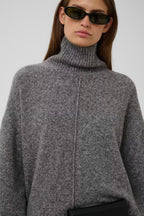 A close-up of a model wearing a chunky gray turtleneck sweater, black sunglasses, and holding a black clutch against a light gray background.