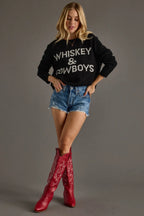 Black Whiskey Weather jumper with statement lettering, lightweight knit and ribbed cuffs and hem.