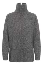A dark gray ribbed knit turtleneck sweater with a high collar, shown against a plain white background.