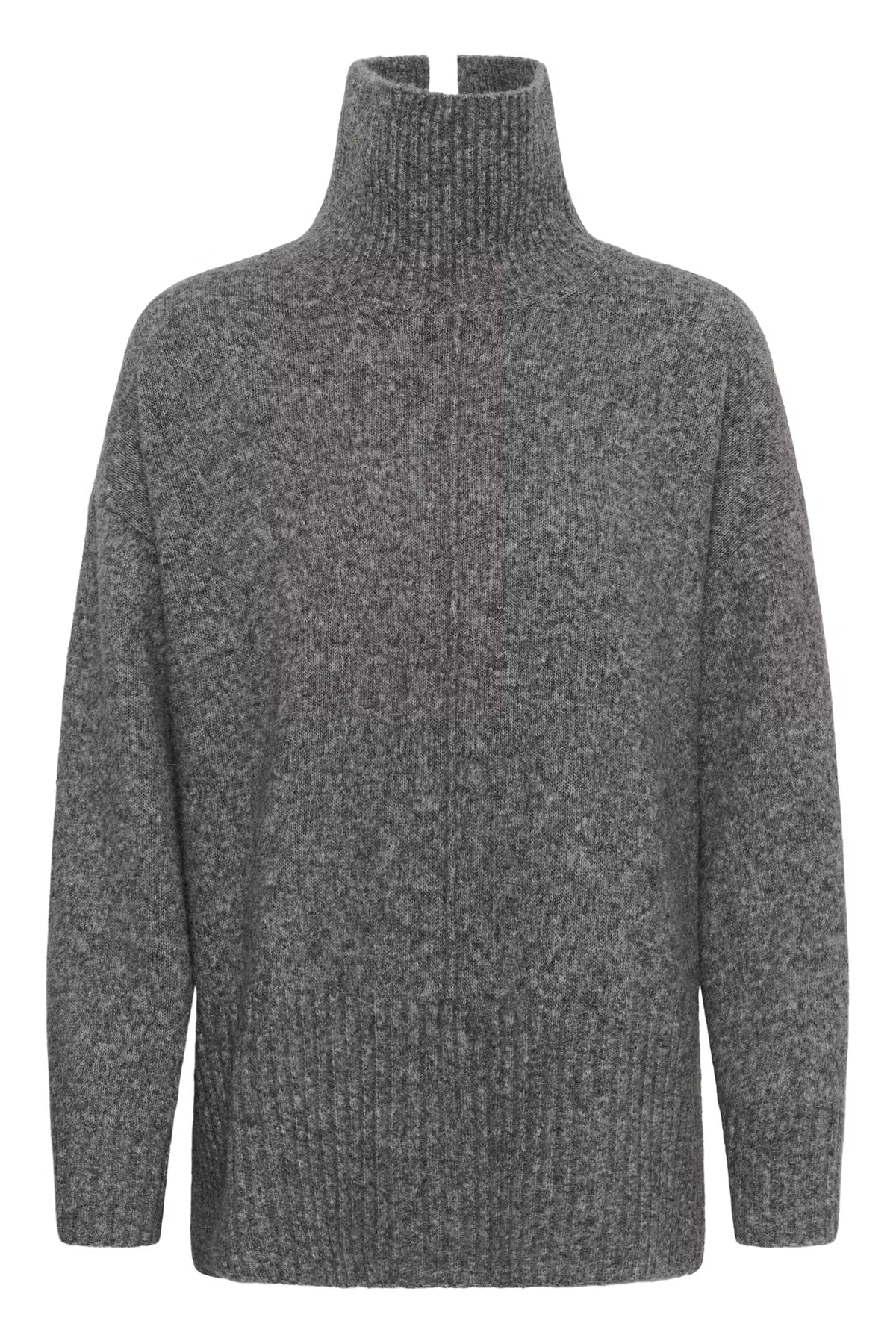 A dark gray ribbed knit turtleneck sweater with a high collar, shown against a plain white background.