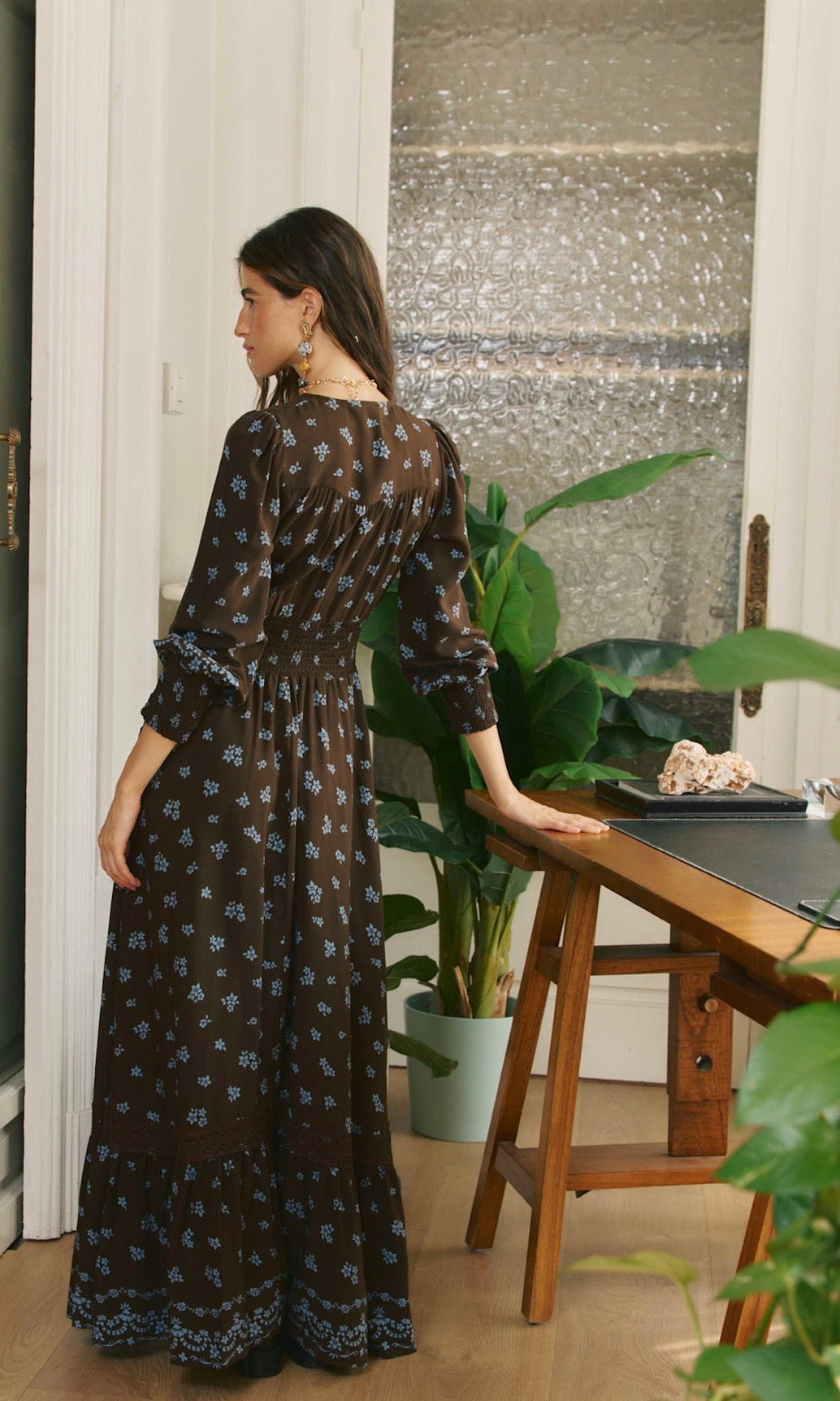 Jaase Juniper maxi dress with a bohemian-inspired print, flattering V-neck and elegant floor-length shape.