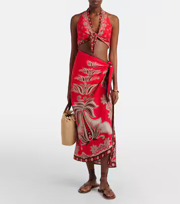 Farm Rio Red Ainika Garden Linen-blend Beach Cover-up Skirt