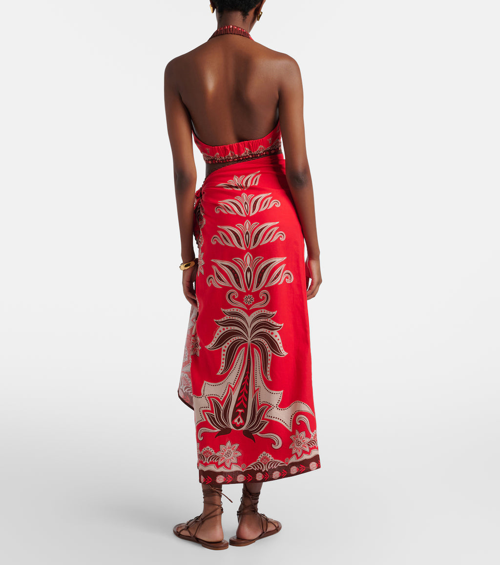 Farm Rio Red Ainika Garden Linen-blend Beach Cover-up Skirt