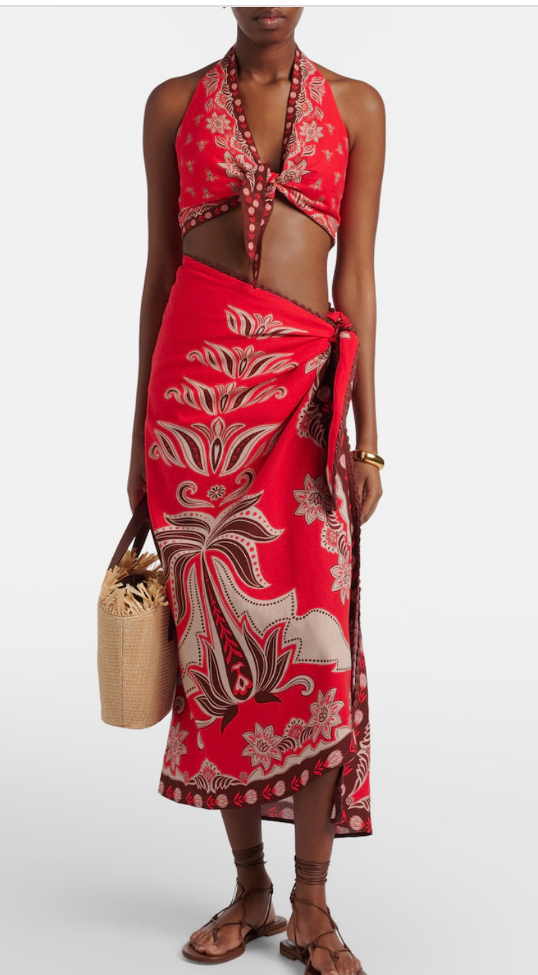 Farm Rio Red Ainika Garden Linen-blend Crop Top Blouse