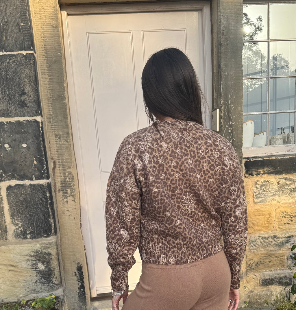 Ma Petite Capsule brown leopard print wool crew-neck sweater on model outside front door back
