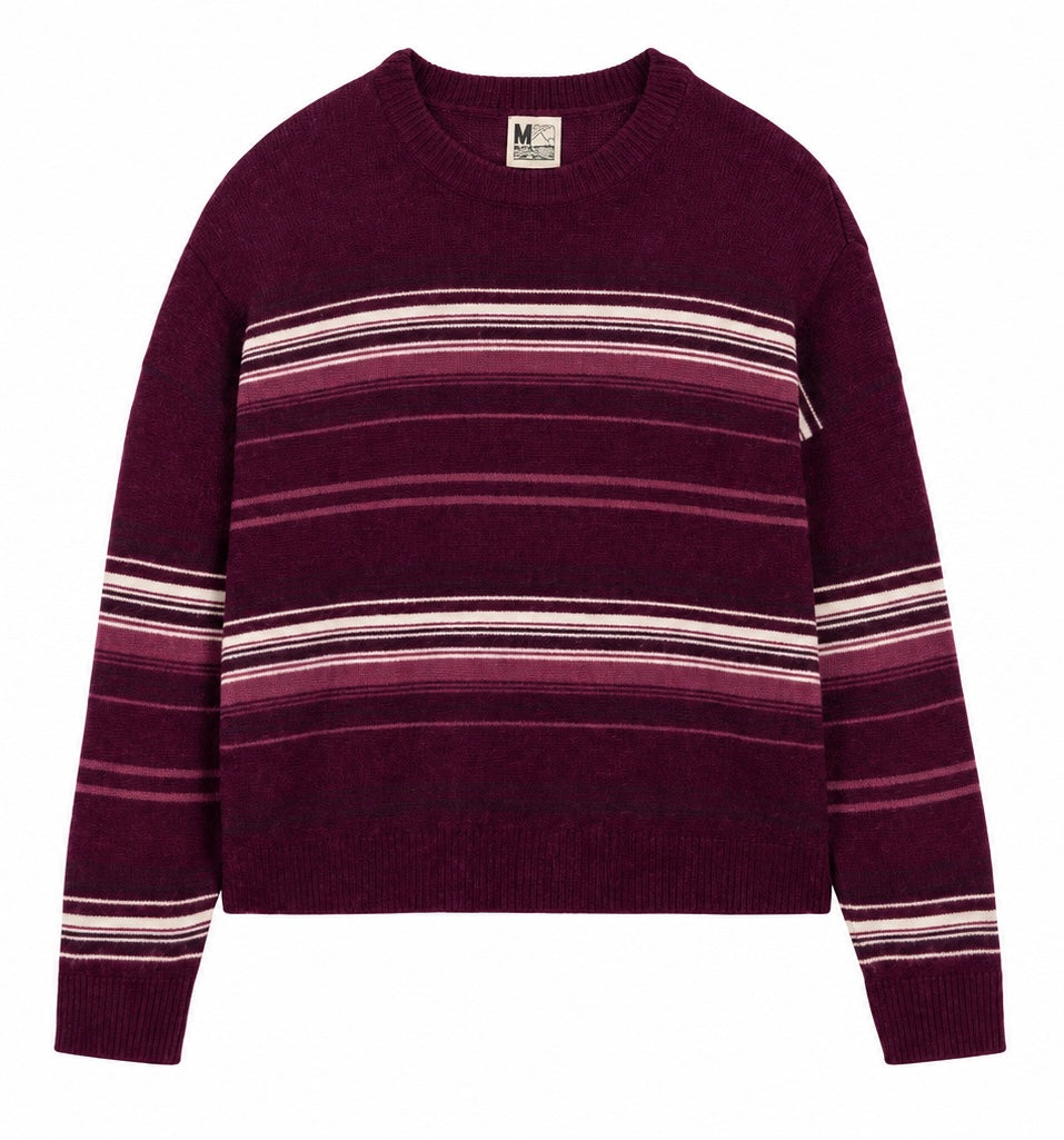 Women's burgundy and cream striped 100% wool crew neck jumper