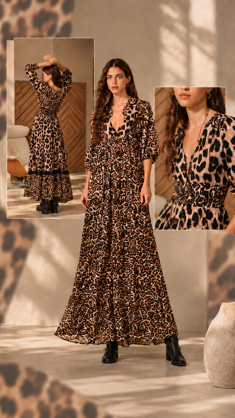 Jaase Clothing leopard print maxi dress with V-neckline, smocked waist and long sleeves in a warm autumn winter campaign banner