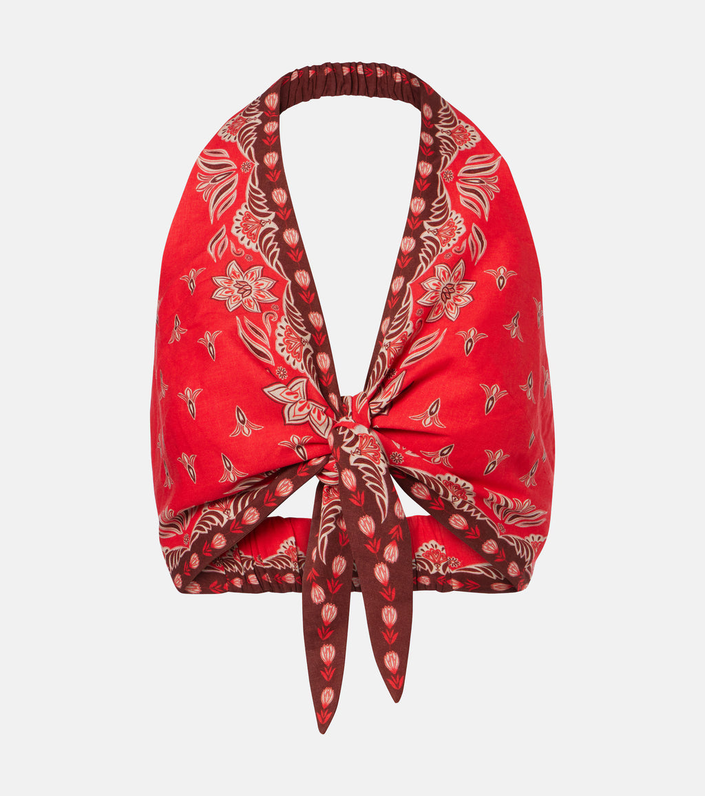 Farm Rio Red Ainika Garden Linen-blend Crop Top Blouse