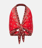 Farm Rio Red Ainika Garden Linen-blend Crop Top Blouse