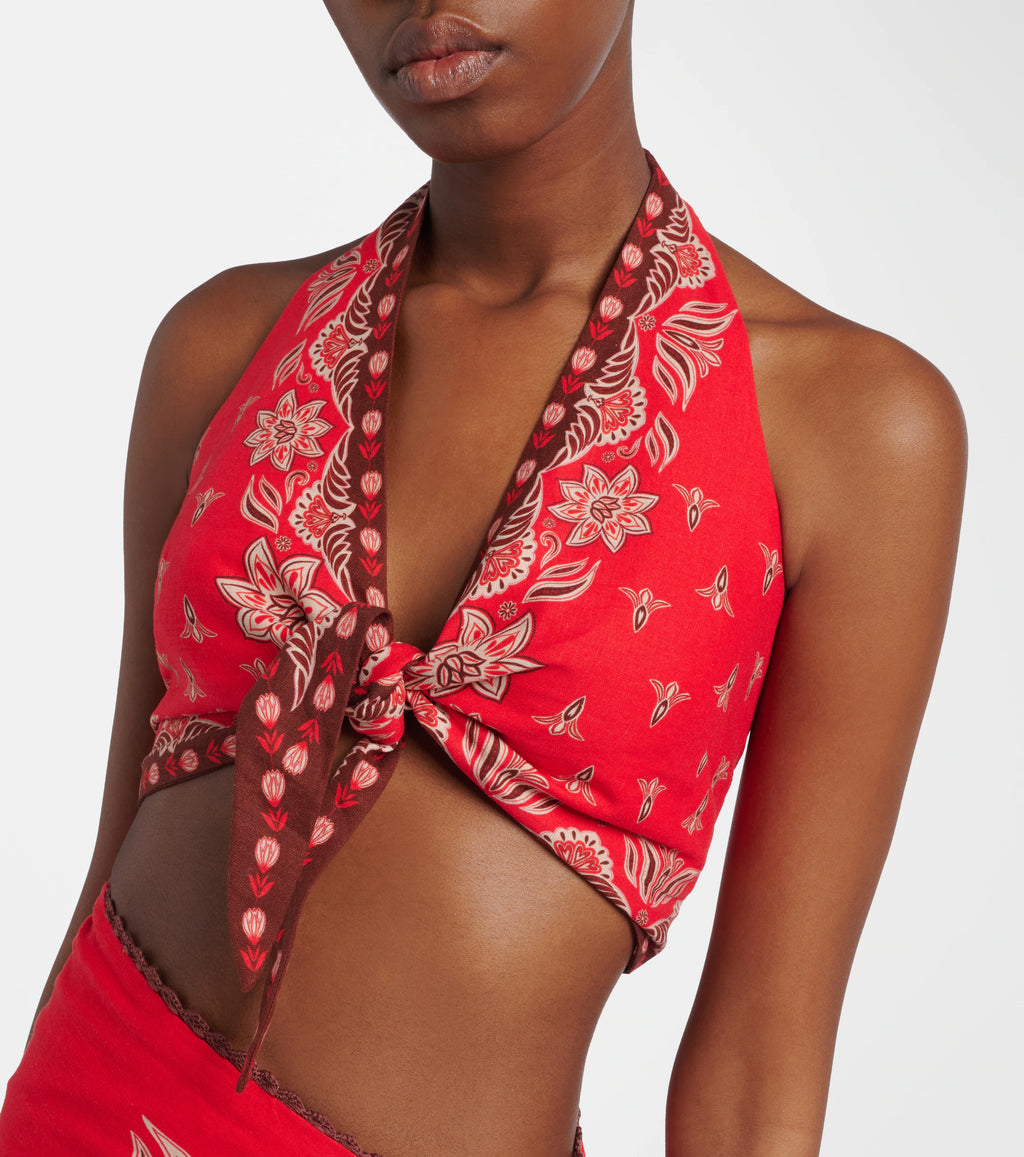 Farm Rio Red Ainika Garden Linen-blend Crop Top Blouse