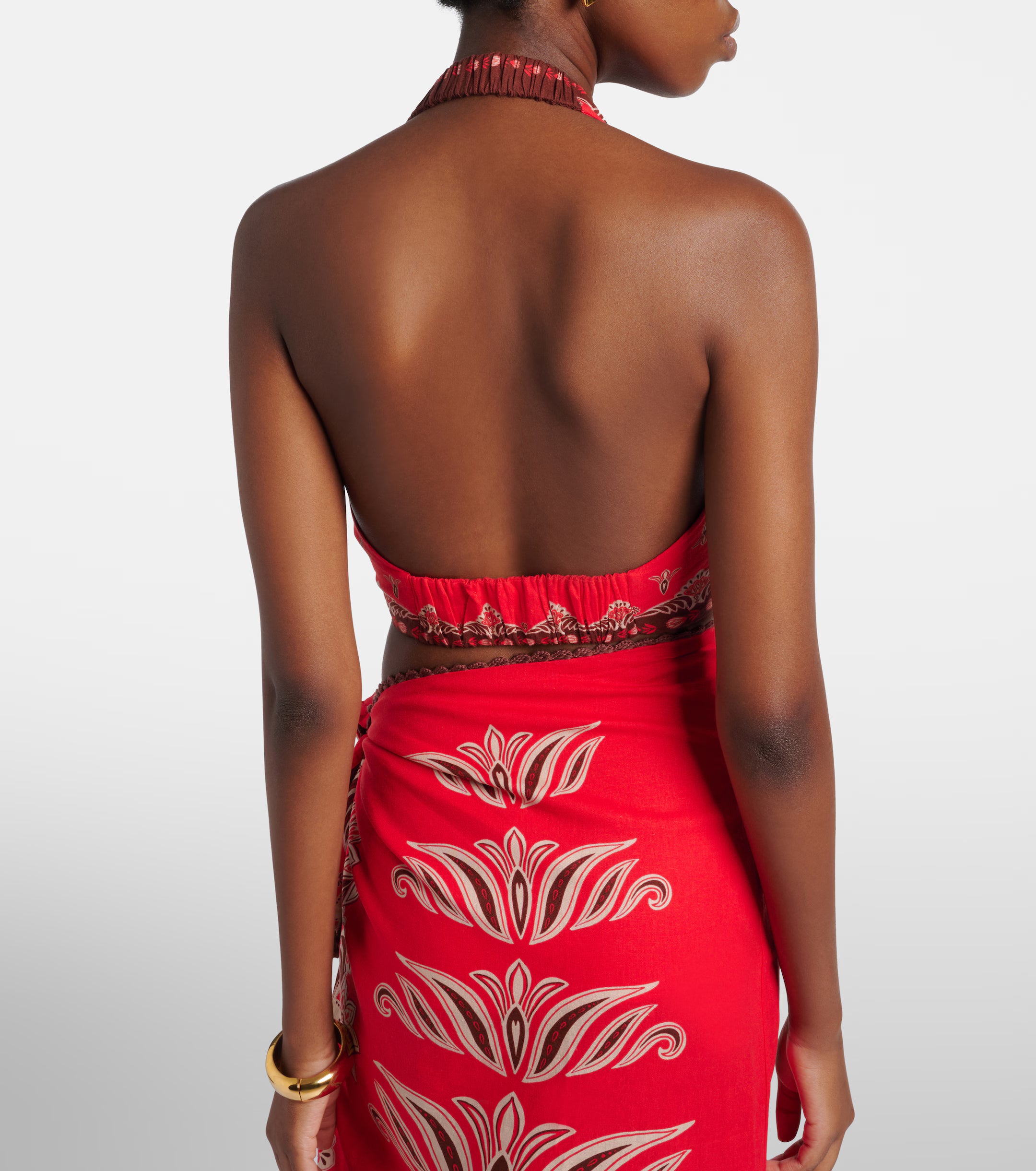 Farm Rio Red Ainika Garden Linen-blend Crop Top Blouse