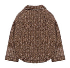 A brown and beige leopard print jacket with white embroidered detailing on the collar, cuffs, and hem, shown against a plain white background.