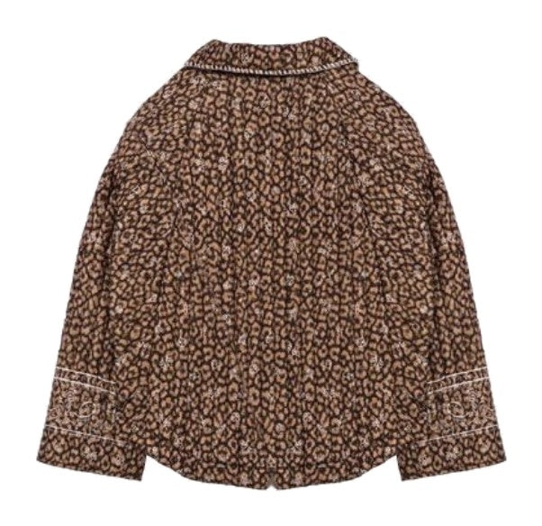 A brown and beige leopard print jacket with white embroidered detailing on the collar, cuffs, and hem, shown against a plain white background.