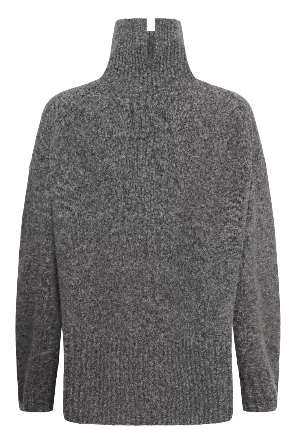 A dark gray heathered knit sweater with a high ribbed mock neck collar, shown from the back on a white background.