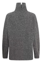 A dark gray heathered knit sweater with a high ribbed mock neck collar, shown from the back on a white background.