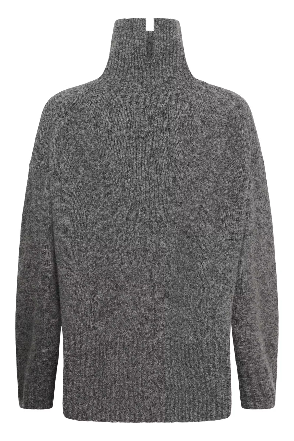 A dark gray heathered knit sweater with a high ribbed mock neck collar, shown from the back on a white background.