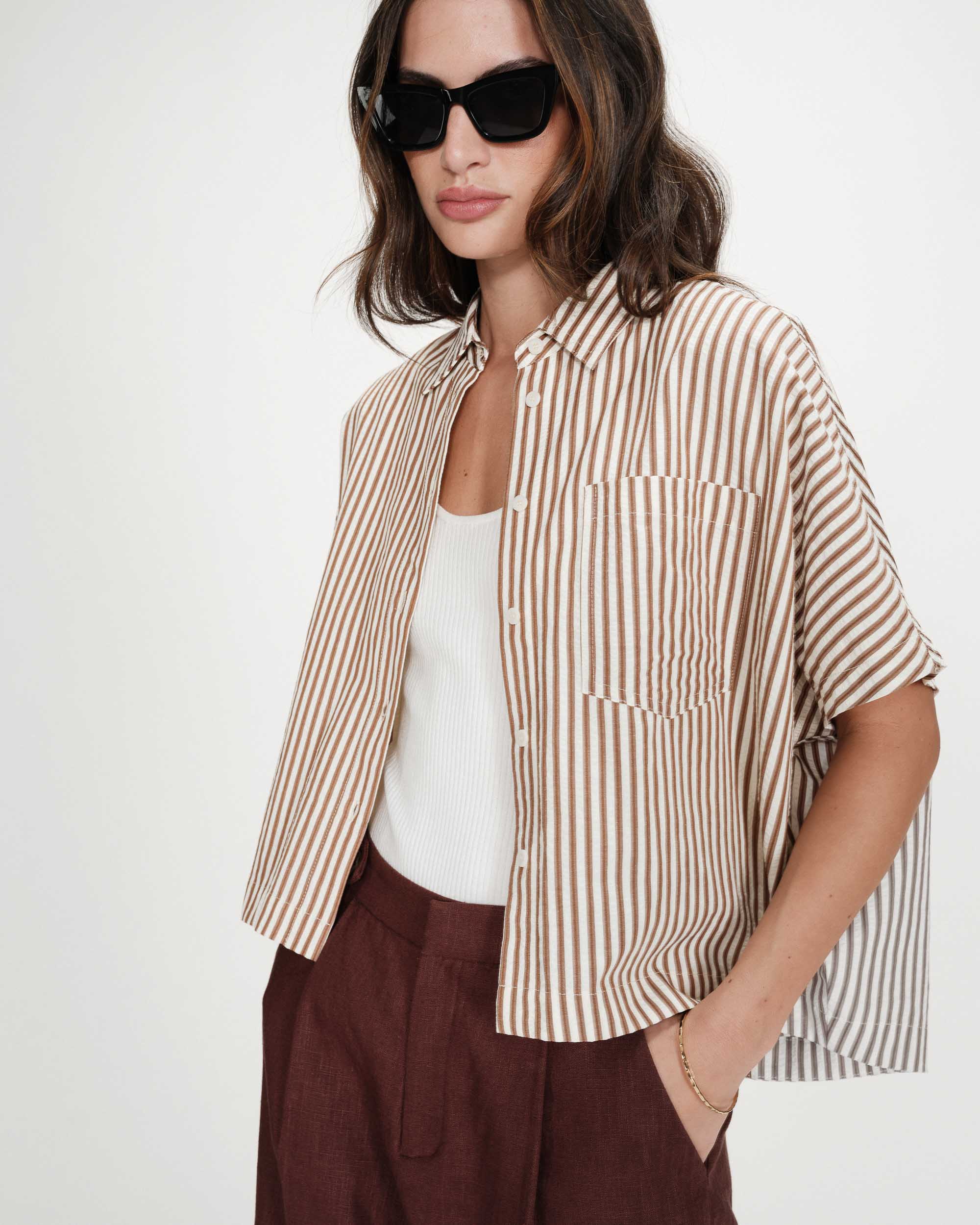 Grace and Mila Mocha Stripe Vercia Shirt