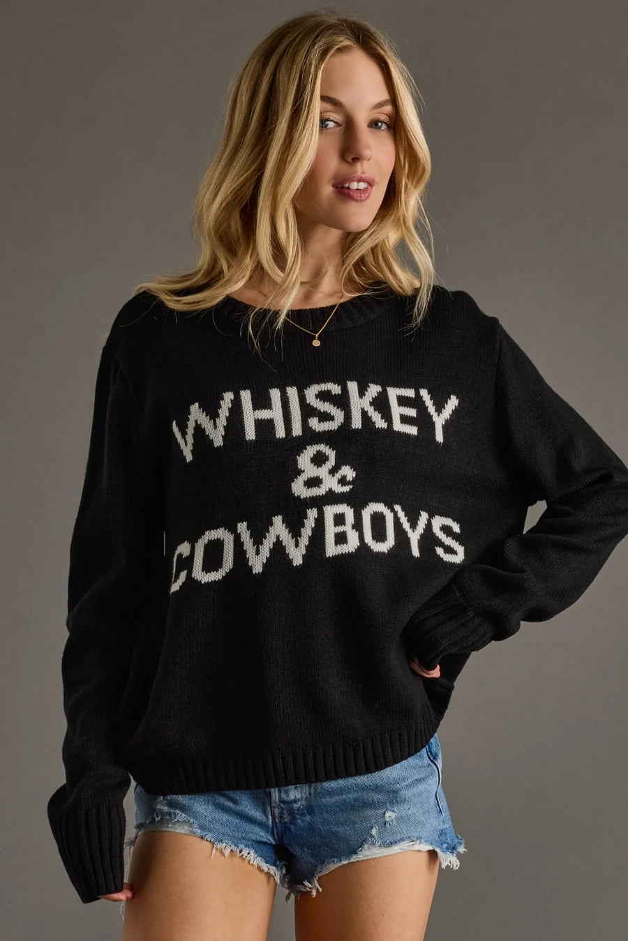 Relaxed black slogan sweater featuring the Whiskey Weather design with a casual, easy-to-layer silhouette.