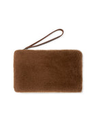 A brown faux fur wristlet clutch with a matching brown leather wrist strap, shown on a plain white background.