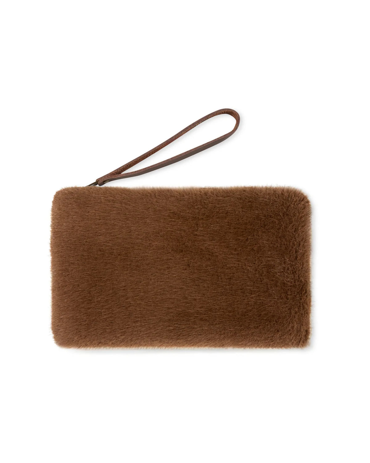 A brown faux fur wristlet clutch with a matching brown leather wrist strap, shown on a plain white background.