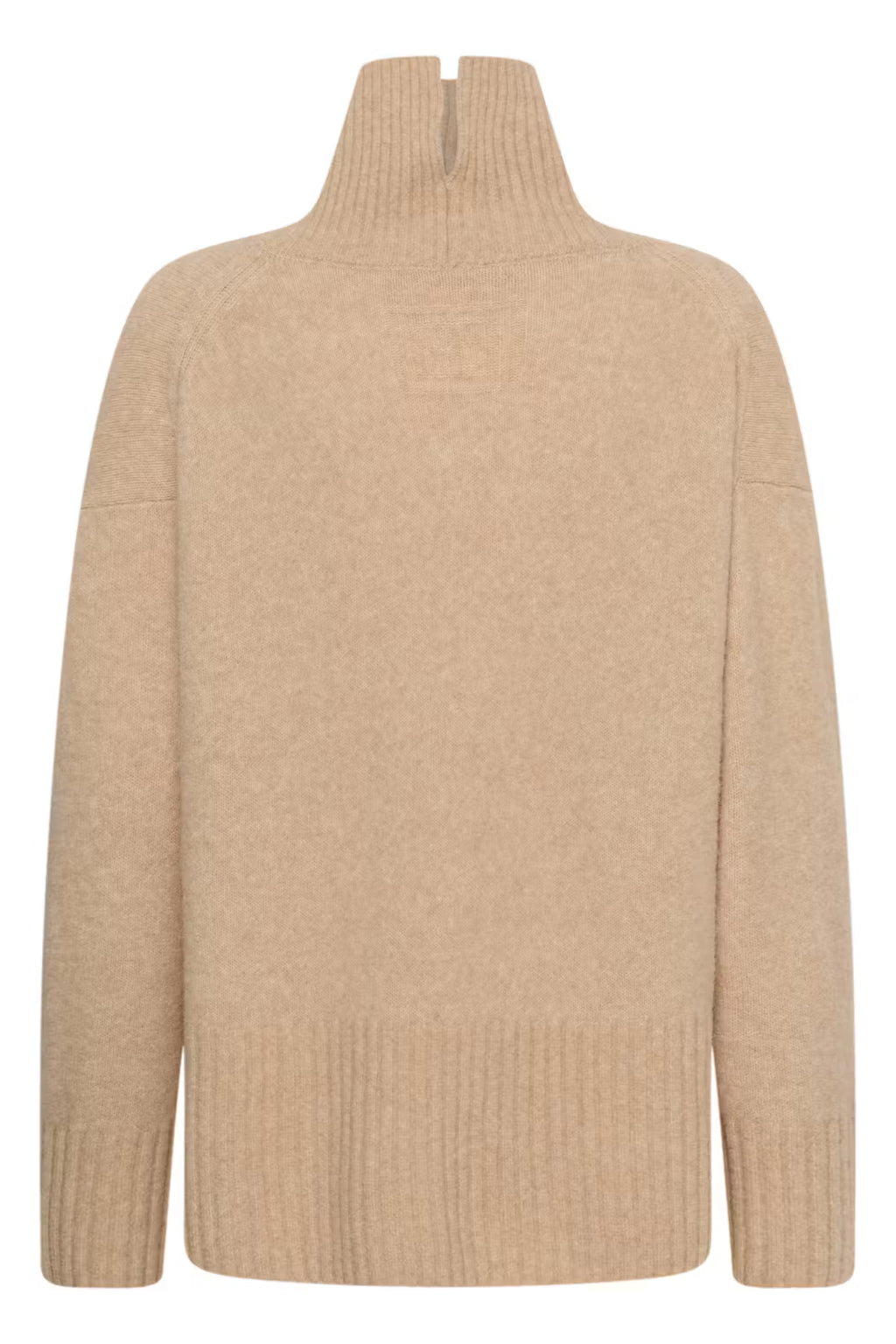 A beige knit turtleneck sweater shown from the back, featuring a ribbed hem and cuffs, set against a plain white background.