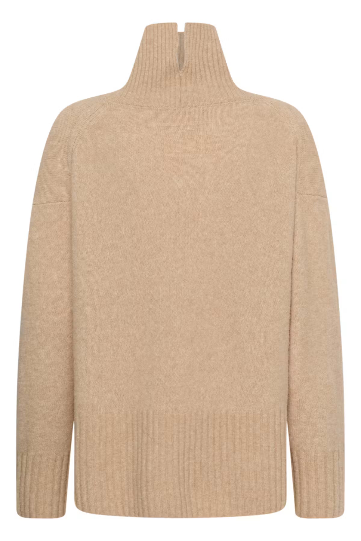 A beige knit turtleneck sweater shown from the back, featuring a ribbed hem and cuffs, set against a plain white background.