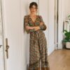 Jaase Bianca Print maxi dress in rich teal and rust tones with a high side split and relaxed bohemian silhouette.