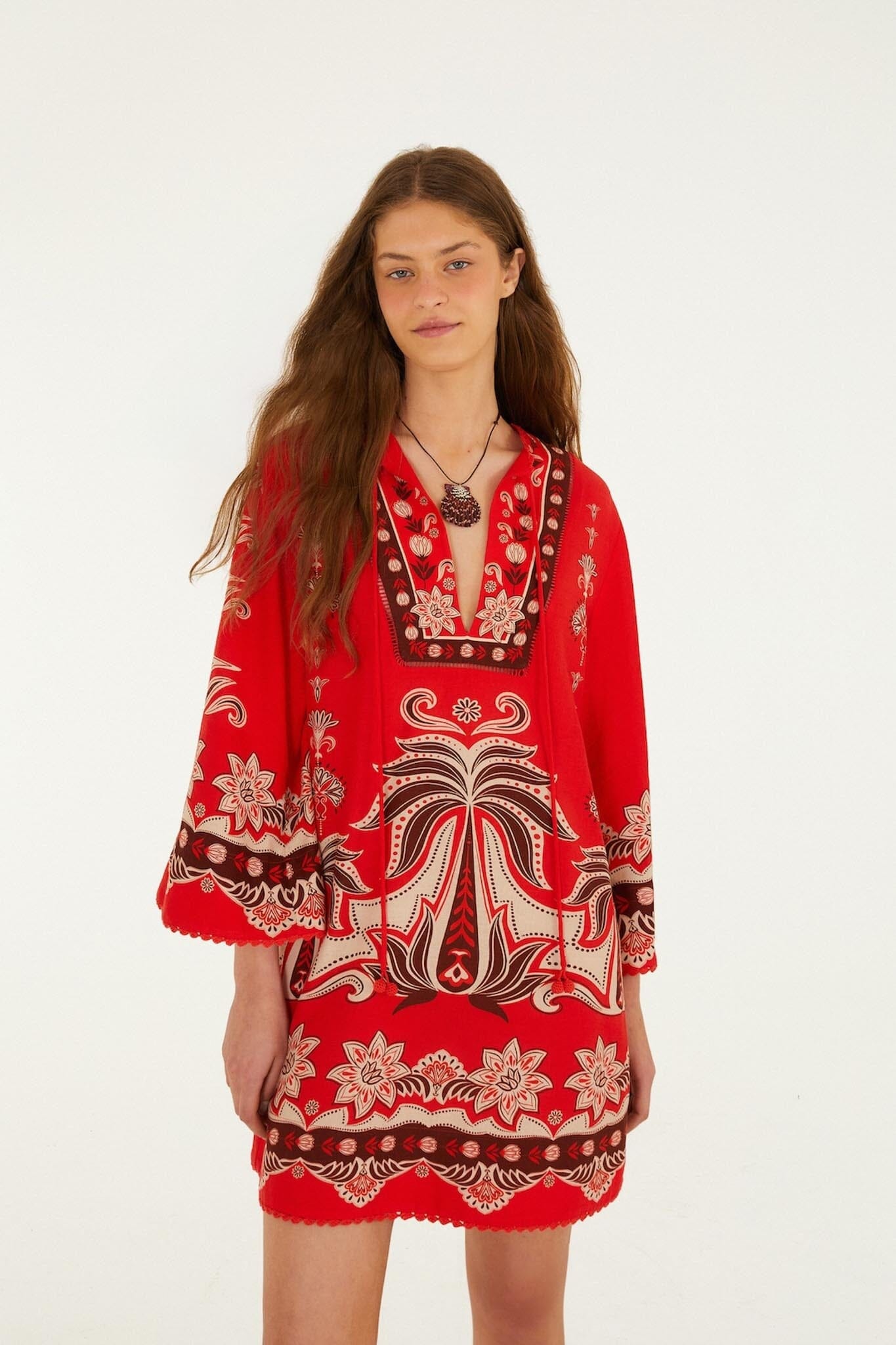 Farm Rio Red Ainika Garden Front Ties Mini Dress