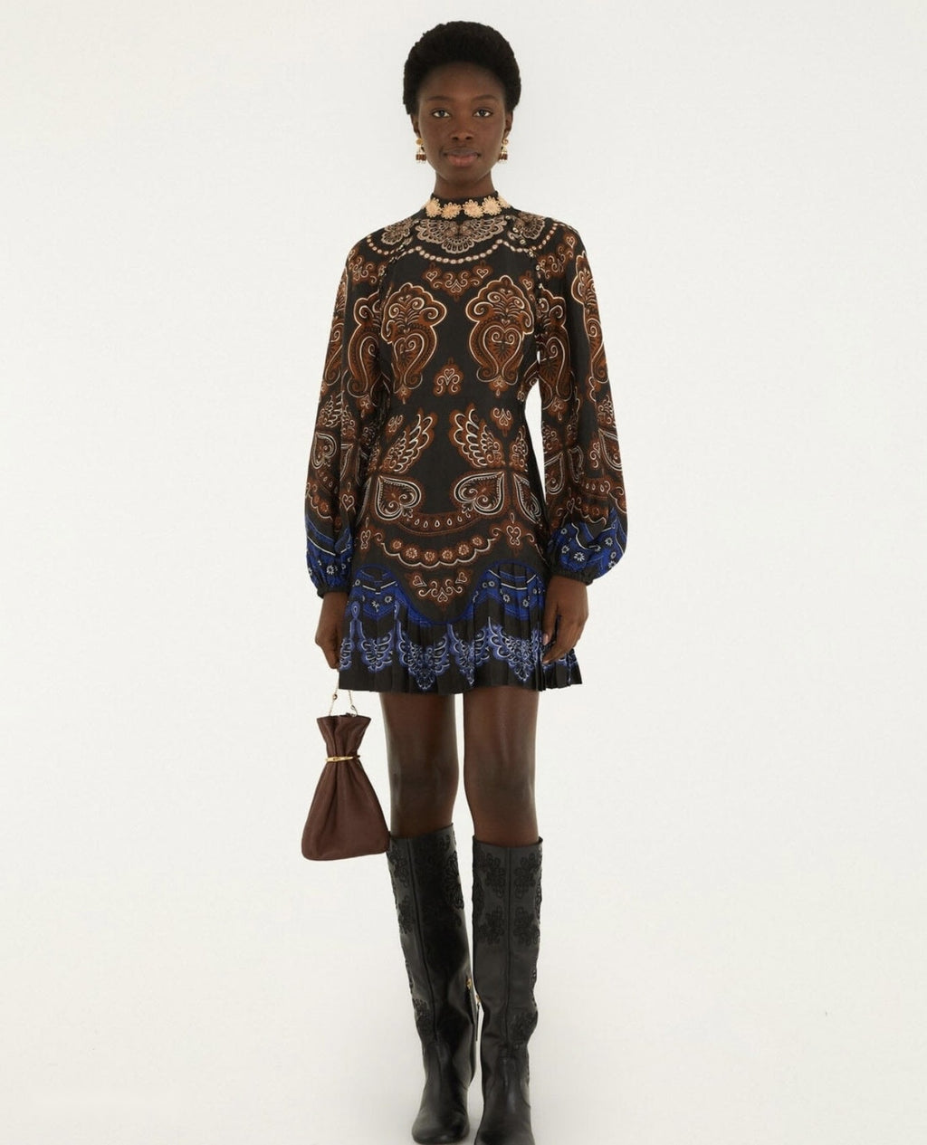 Black baroque print party dress styled with heels for an evening out