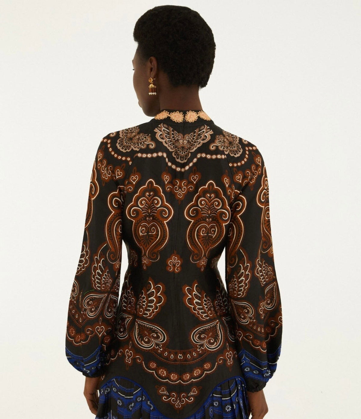 Women's black balloon sleeve mini dress with baroque print, back view