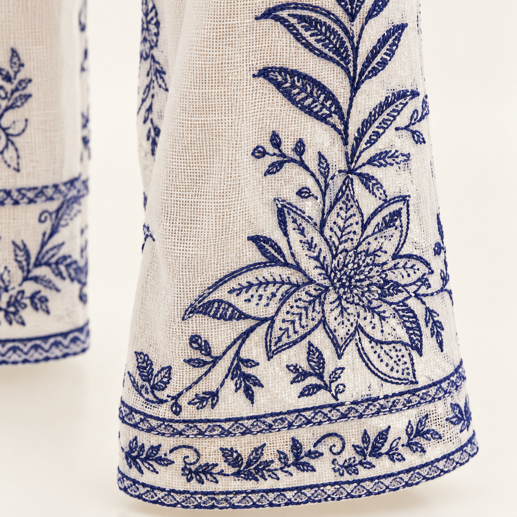Close-up of navy floral embroidery and border stitching on off-white Nina pants