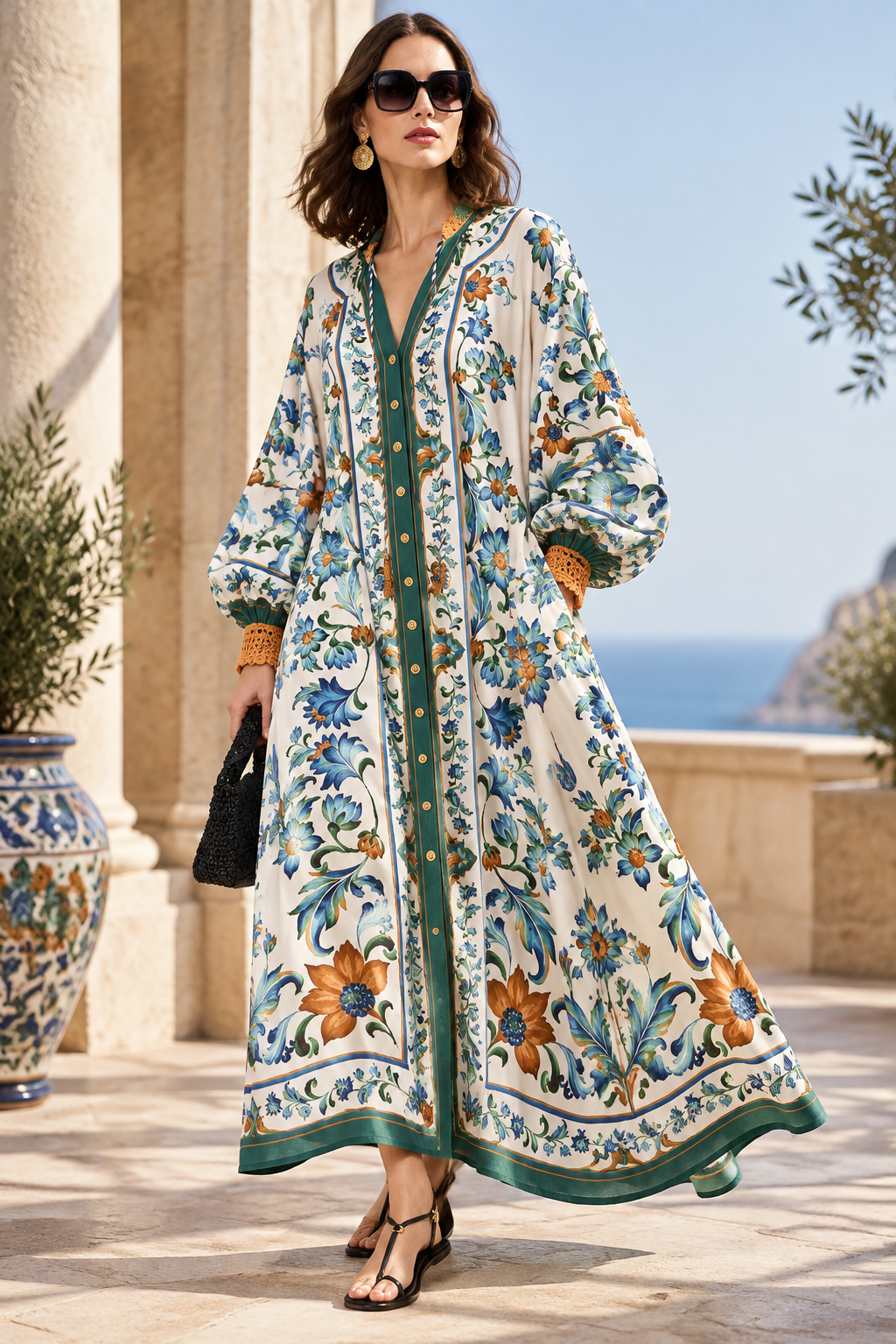 AI-generated editorial image inspired by the Farm Rio floral maxi dress