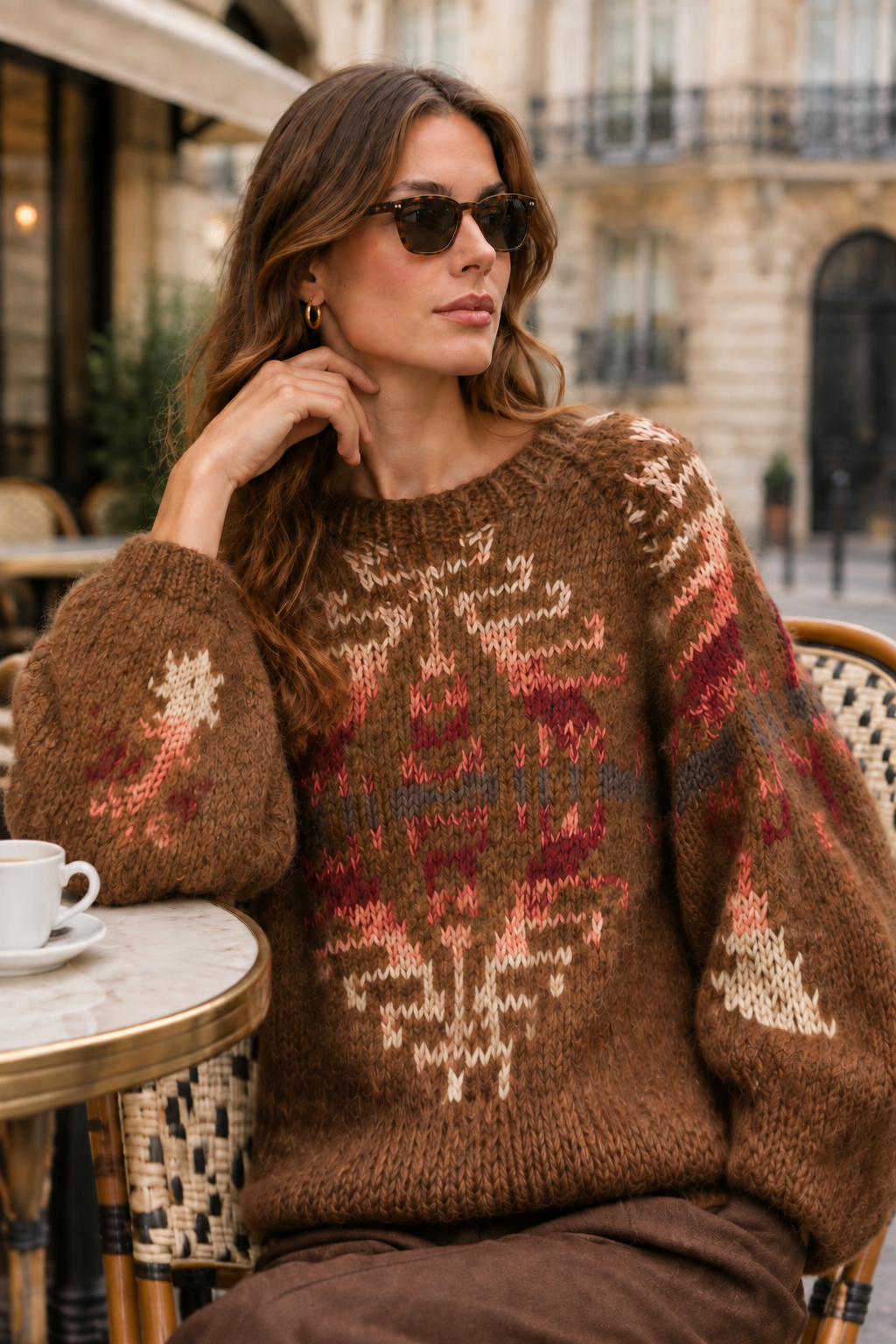Model wearing the brown Aline jumper and dark sunglasses while seated at a Paris café