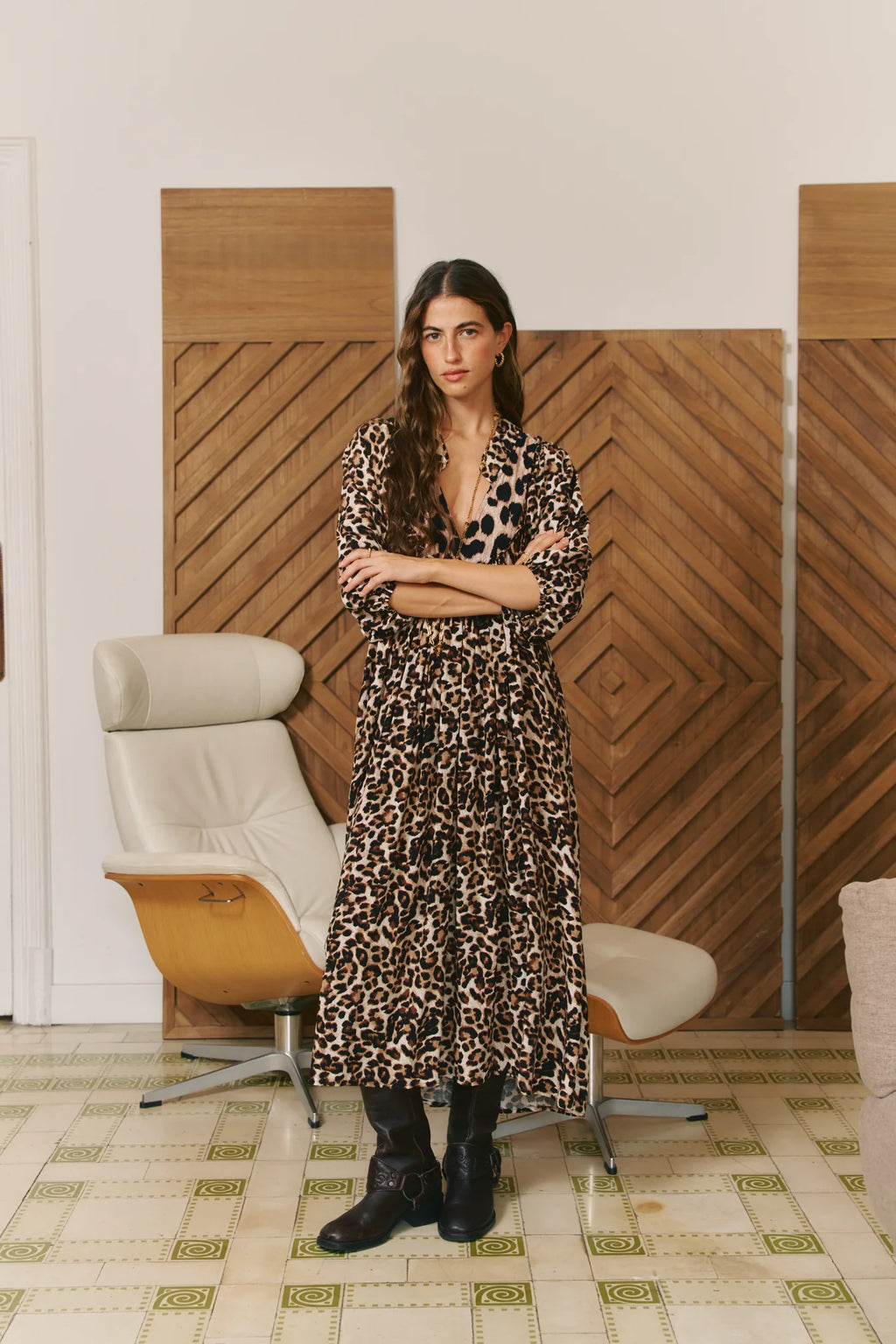 Jaase Untamed Leopard Print Sabrina Maxi Dress in black, beige and blush with a flattering V-neckline and flowing tiered skirt.