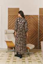 Jaase Untamed leopard maxi dress featuring blush, beige and black tones with balloon sleeves and a flattering smocked waist.