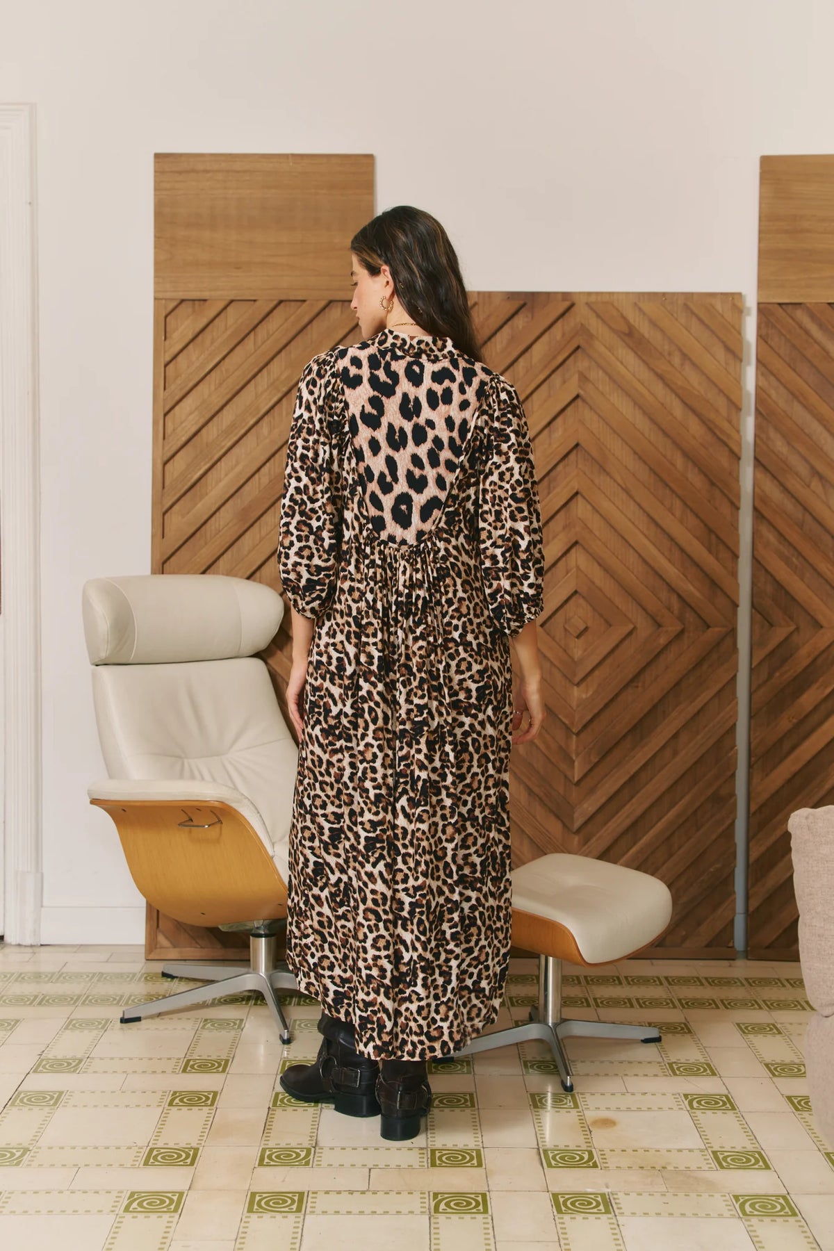 Jaase Untamed leopard maxi dress featuring blush, beige and black tones with balloon sleeves and a flattering smocked waist.