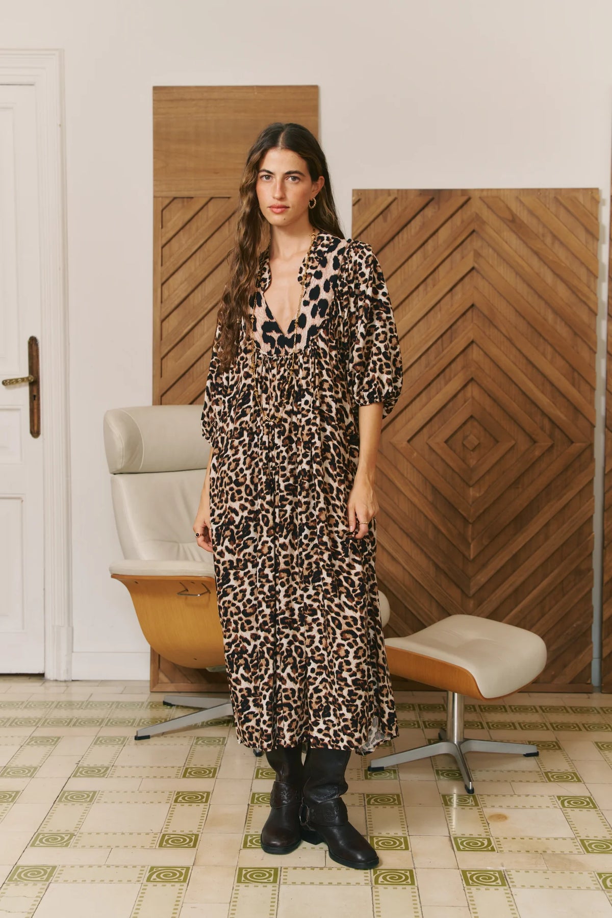 Sabrina Maxi Dress by Jaase featuring an Untamed leopard print, long balloon sleeves and a stretch smocked waist.