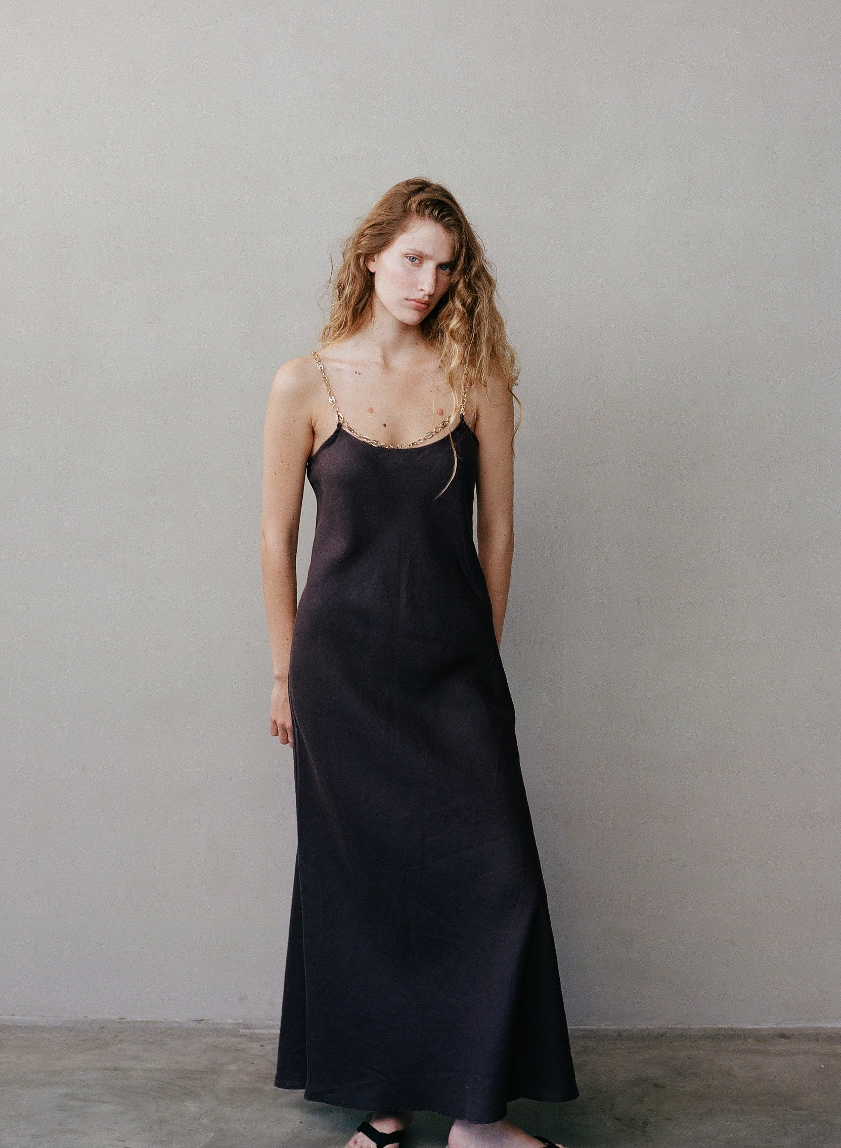 Marule & Love Linen Lola Gold Chain Dress Espresso