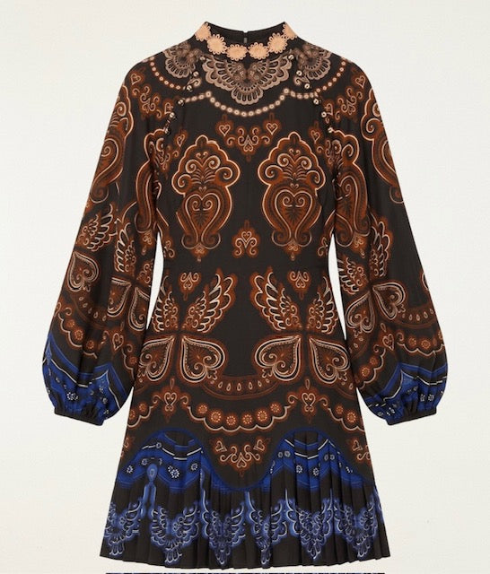 Women's black long sleeve mini dress with copper and gold baroque print and balloon sleeves