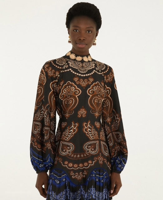 Black baroque print mini dress with balloon sleeves and ruffle trim
