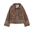 A cropped brown and beige animal print jacket with white contrast stitching and silver-tone snap buttons, shown flat on a white background. The brand label inside the collar reads 'M MONTY CAMPA'.