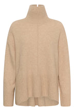 A beige knit turtleneck sweater with a high-low hem and ribbed cuffs, shown against a plain white background.