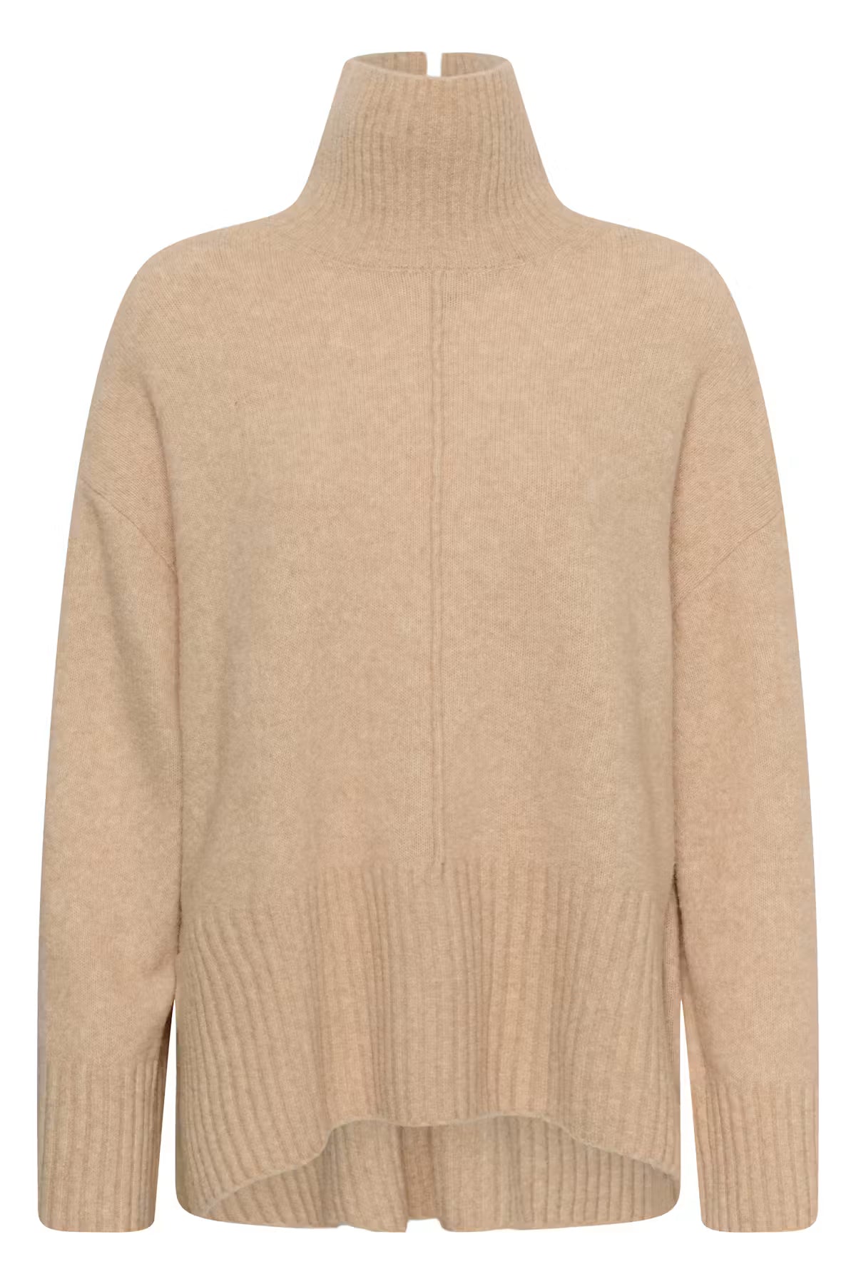 A beige knit turtleneck sweater with a high-low hem and ribbed cuffs, shown against a plain white background.