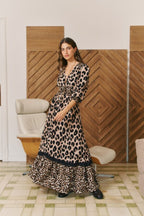 Leopard print Jaase Sabrina maxi dress with a relaxed fit, flowing skirt and elegant long sleeves.